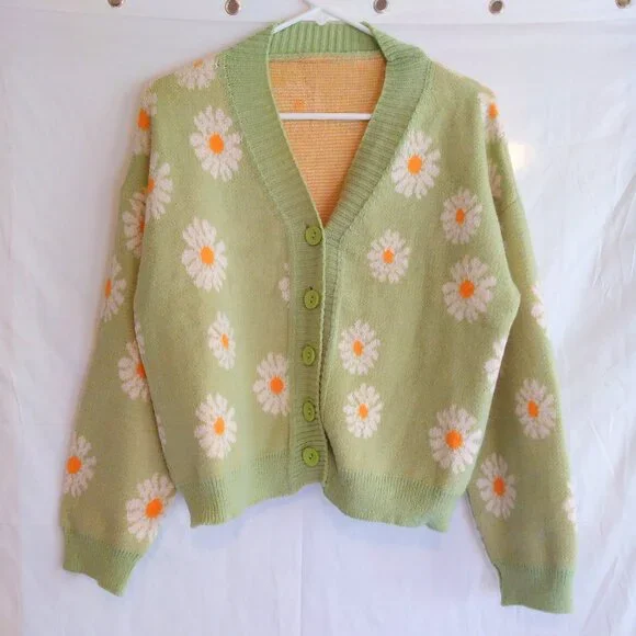 Green Daisy Cropped Knit Cardigan Sweater L Cottagecore Coquette Y2K Soft Girl - Picture 1 of 4
